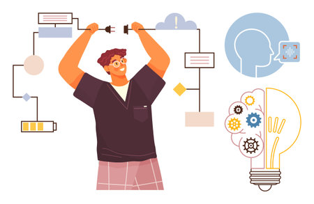 Man holding interconnected wires surrounded by flowchart, lightbulb with gears, and digital interface. Ideal for creativity, brainstorming, technology, innovation, problem-solving, strategyのイラスト素材