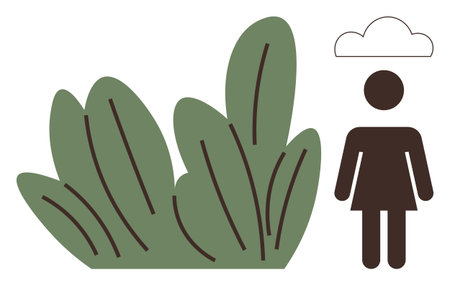 Person standing near green leaf bushes under small cloud, representing human connection to nature. Ideal for environment, sustainability, outdoor living, mindfulness, simplicity, wellness, flatのイラスト素材