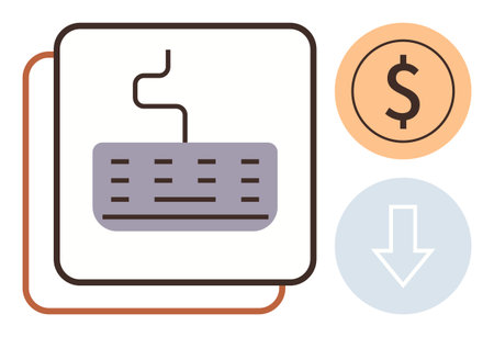 Keyboard alongside a dollar sign and downward arrow symbolizes online payment, cost savings, e-commerce, financial management, digital transactions, budget control, and market affordability. A simpleのイラスト素材