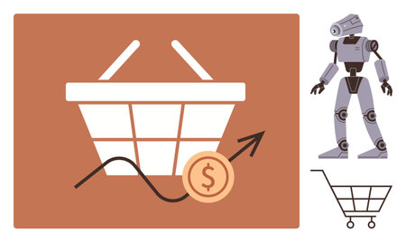 Shopping basket, rising arrow, dollar coin, robot, and shopping cart symbolize AIs role in retail growth. Ideal for e-commerce, future technology, shopping trends, data analytics automationのイラスト素材