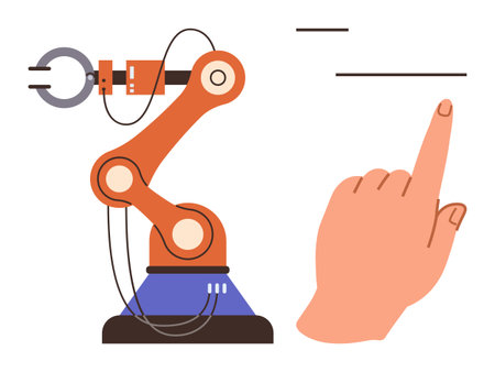 Robotic arm with mechanical claw beside a pointing human hand highlights human-machine collaboration. Ideal for innovation, automation, engineering, robotics, future tech, manufacturing, simple flatのイラスト素材