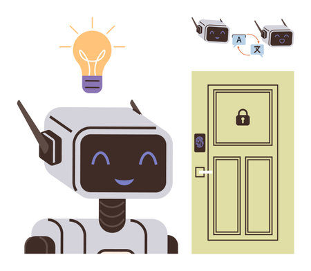 Smiling robot with antenna, glowing light bulb above, keyless smart door lock, diagram highlighting AI translation workflow. Ideal for innovation, AI, robotics, automation, smart home technologyのイラスト素材