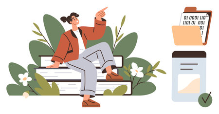 Young person seated on stacked books gestures upward surrounded by plants. Digital file folder with binary code and document checklist depicted. Ideal for education, digital learning, organizationのイラスト素材
