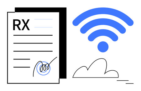 Prescription paper with signature next to a large wireless symbol and cloud icon, symbolizing digital healthcare. Ideal for telehealth, remote care, digital prescription, communication, technologyのイラスト素材