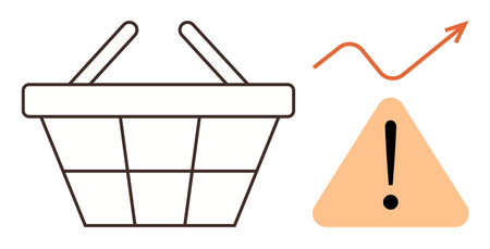 Shopping basket, warning sign, and upward arrow illustrate market fluctuations, consumer trends, financial risk, decision-making, economy, forecasting and strategy. Ideal for simple flat metaphorのイラスト素材