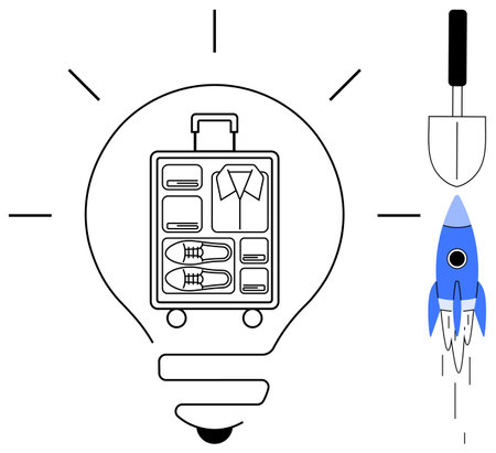 Lightbulb containing suitcase with shoes, shirt, compartments. Rocket launching and trowel. Ideal for travel, innovation, exploration, packing creativity startup ideas discovery. Simple flatのイラスト素材