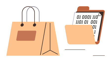 Paper shopping bag paired with a folder containing binary digital codes. Ideal for e-commerce, online shopping, digital storage, data security, retail technology, software, database managementのイラスト素材