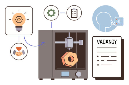 3D printer crafting geometric shape, interconnected with innovation, collaboration, job opportunity, process diagrams, and technical icons. Ideal for technology, invention, recruitment creativityのイラスト素材