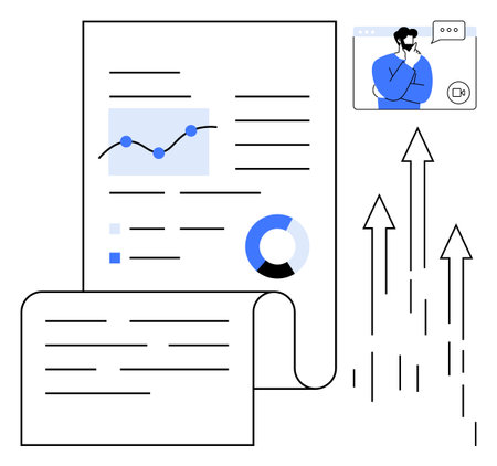 Analytical report with charts and graphs, online video call participant, upward arrows symbolizing growth. Ideal for business, teamwork, analytics, data reporting, online communication, corporateのイラスト素材