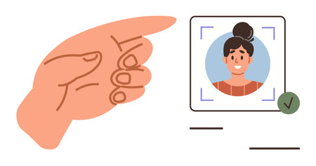 Hand gestures toward a portrait photo framed by facial recognition lines with a verification indicator. Ideal for identity, security, biometrics, verification, login, access control, technology. Aのイラスト素材