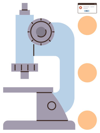 Microscope and test circles with digital error notification highlighting research process, diagnostics, education, testing, innovation, development, and healthcare focus in a simple flat metaphorのイラスト素材