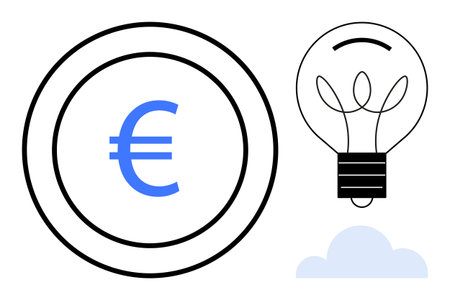 Euro coin and glowing light bulb with a cloud. Ideal for innovation, finance, creativity, investment, economy, business growth, and progress. Minimalist design as a simple flat metaphorのイラスト素材
