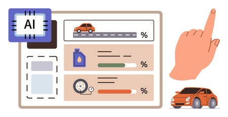 Car status dashboard with AI chip, progress bars for fuel, tire pressure, and engine oil. Ideal for automation, technology, transportation, smart systems, diagnostics efficiency simple flatのイラスト素材