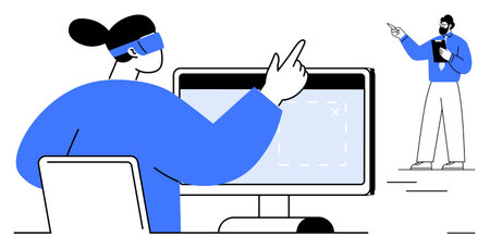 Person using virtual reality headset interacting with screen while colleague presents on concept. Ideal for virtual reality, teamwork, innovation, education, technology, communication, leadershipのイラスト素材