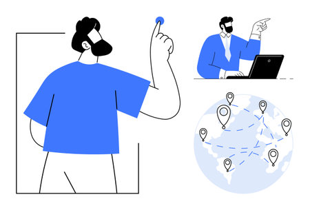 Professional on laptop pointing to colleague, figure with raised hand, globe with location markers and routes. Ideal for teamwork, networking, global strategy, business, leadership, communicationのイラスト素材