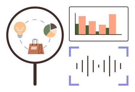 Magnifying glass emphasizing a light bulb, pie chart, and shopping bag, accompanied by a bar chart and sound wave graphic. Ideal for market research, analytics, innovation, sales, trends dataのイラスト素材