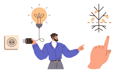 Man plugs into socket with glowing lightbulb denoting innovation. Tree shaped thumbs up circuits symbolizes eco-conscious technology. Ideal for energy, ecology, innovation, sustainability, educationのイラスト素材