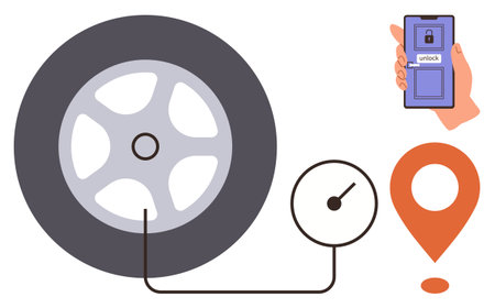 Car tire, air pressure gauge connection, mobile phone with unlock feature, location pin. Ideal for transportation, safety, technology, navigation innovation maintenance connected devices. Simpleのイラスト素材