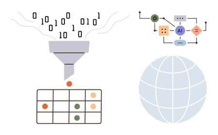 Binary code flows through a funnel into a data grid, accompanied by an AI decision flowchart and a globe icon. Ideal for AI, data flow, tech innovation, global connection, machine learningのイラスト素材