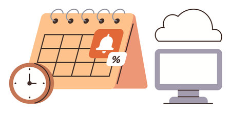 Calendar with notification alert and clock paired with cloud storage and desktop monitor. Ideal for scheduling, cloud computing, productivity, reminders, time management, digital planningのイラスト素材