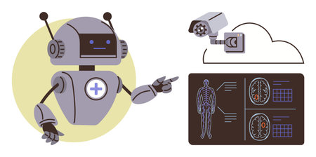 Robot with medical cross symbol pointing at brain and body scans, connected to a cloud with a security camera. Ideal for technology, healthcare, AI, robotics, cybersecurity, medical researchのイラスト素材