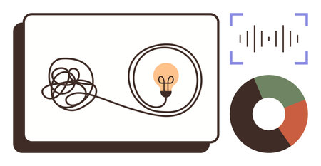 Tangled line evolving into a light bulb suggests problem-solving. Accompanied by a pie chart and...