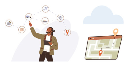 Man exploring digital connections linking devices thumbs up homes, planes, and shopping carts to a tablet map. Ideal for technology, networking, logistics, communication, planning, innovation simpleのイラスト素材