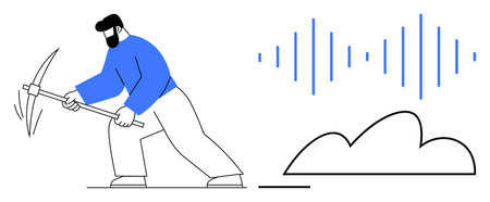 Modern miner striking cloud with pickaxe beneath soundwave pattern. Ideal for data mining, cloud storage, digital transformation, innovation, technology, analytics, flat simple metaphorのイラスト素材