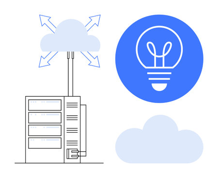 Cloud linking to server with expanding arrows, overlapping light bulb symbol for innovation, data...