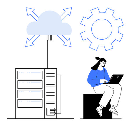 Cloud connecting to server with arrows, gear icon, and person using laptop. Ideal for cloud storage, technology, data management, IT systems, networking remote work innovation. Simple flat metaphorのイラスト素材