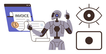 Robot managing digital invoices with monetary icons, emphasizing AI innovation, automation, and efficiency. Ideal for technology, finance, business, analytics, automation innovation and managementのイラスト素材