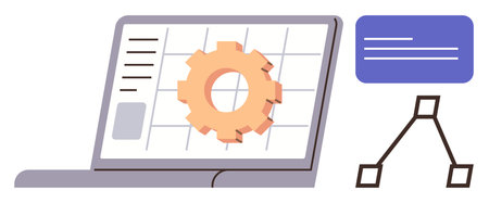 Gear displayed on laptop screen indicating efficiency and automation. Flowchart and notes highlight system management. Ideal for workflow, technology, innovation, software, optimizationのイラスト素材
