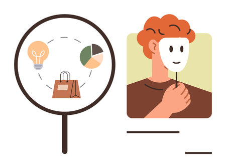 Person holding a smiling face mask beside a magnifying glass showcasing lightbulb, shopping bag, chart. Ideal for identity, creativity, analysis, online trends, research, e-commerce innovationのイラスト素材