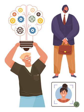 Person holding light bulb with gear ideas, professional in business attire, portrait verification. Ideal for innovation, teamwork, workforce, leadership, HR processes, creativity simple flatのイラスト素材