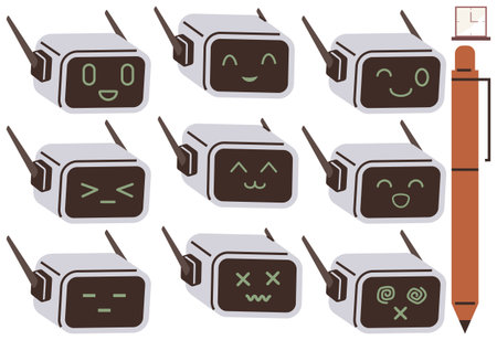 Small robots with antenna featuring facial expressions representing emotions, near a brown stylus and size indicator. Ideal for technology, robotics, emotion, communication, AI, education, simpleのイラスト素材