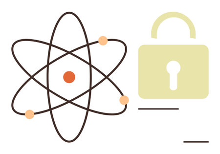 Atomic model with orbiting electrons beside a closed padlock. Ideal for cybersecurity, data encryption, scientific security, digital protection, innovation, technology, simple flat metaphorのイラスト素材