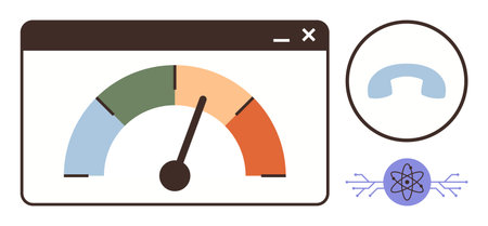 Colorful meter measuring performance in a window, circular phone sign, atomic symbol. Ideal for technology, AI, analytics, communication, performance innovation efficiency. Simple flat metaphorのイラスト素材