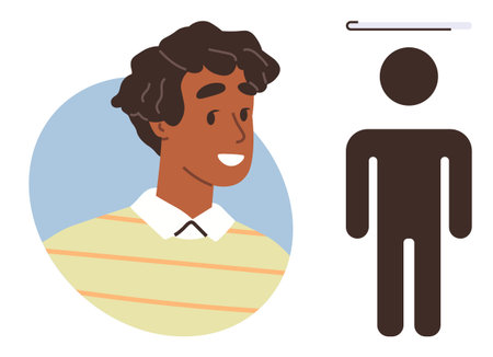 Smiling person wearing striped sweater beside height measurement scale with stick figure silhouette. Ideal for health, growth, measurement, puberty, self-awareness, adolescence, development. Simpleのイラスト素材