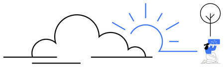 Cloud, rising sun, minimalist tree, and person with a laptop in simple black and blue design. Ideal for technology, nature interaction, innovation, creativity, remote work coding simple landingのイラスト素材