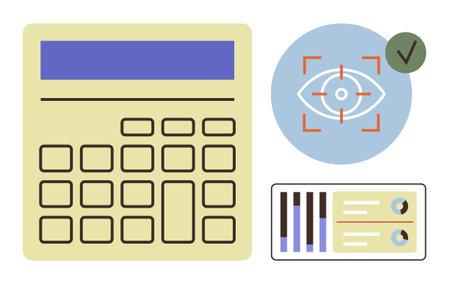 Calculator, analytics dashboard with charts and graphs, and eye tracking icon with checkmark. Ideal...