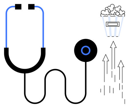 Stethoscope connecting health with lifestyle, popcorn box representing relaxation, and upward arrows symbolizing progress. Ideal for wellness, healthcare, diagnostics, growth, balance, relaxationのイラスト素材