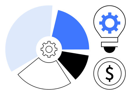 Gear center pie chart with blue and black segments, cog lightbulb symbol for ideas, and dollar sign for finance. Ideal for innovation, strategy, business, goals, planning economy. Clean flatのイラスト素材