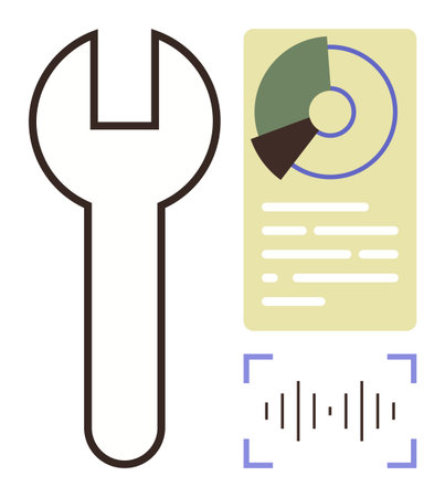Wrench beside infographic with pie chart and data visualization, soundwave symbol below. Ideal for technology, data analytics, repair, monitoring, statistics, UI design and tools. Simple flatのイラスト素材