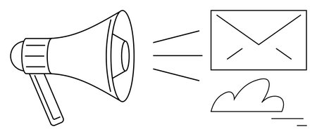 Megaphone emitting lines toward envelope signifying communication and messaging with a simple cloud detail. Ideal for marketing, email, digital campaign, advertising, outreach, notifications, simpleのイラスト素材