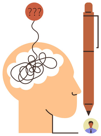 Human head with tangled lines, thought cloud, and question marks connects to brown pen and profile icon. Ideal for creativity, writing, decision-making, problem-solving, brainstorming, educationのイラスト素材