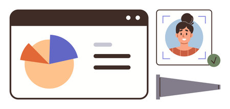 Pie chart on a web interface beside facial recognition profile with approval checkmark and verification icon. Ideal for data management, digital security, online identity, analytics, technologyのイラスト素材
