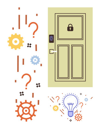 Locked door with a padlock, colorful gears, question marks, and a glowing light bulb. Ideal for innovation, problem-solving, creativity, brainstorming, challenges decision-making simple landingのイラスト素材