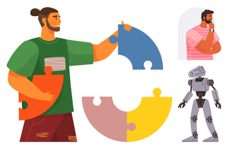 Man assembling colorful jigsaw pieces, symbolizing problem-solving. Nearby robot hints at technology, while pondering person represents decision-making. Ideal for problem-solving, teamworkのイラスト素材