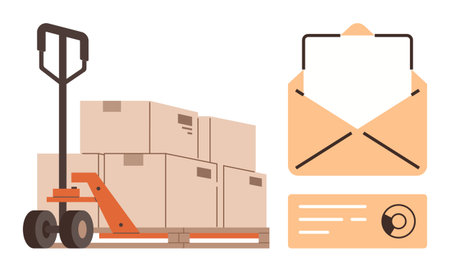 Hand pallet truck stacked with cargo boxes next to an open envelope and document. Ideal for logistics, shipping, courier services, communication, e-commerce, supply chain, and delivery conceptsのイラスト素材