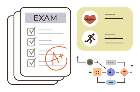 Exam paper with A grade, health icons showing heartbeat and exercise, AI flowchart diagram. Ideal for education, health, assessment, technology, analytics design innovation. Simple flat metaphorのイラスト素材